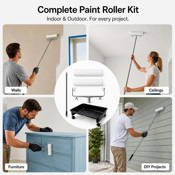 Traderight Paint Roller Set 5-Wheel Tray Extendable Pole Kit For Walls 13Pcs