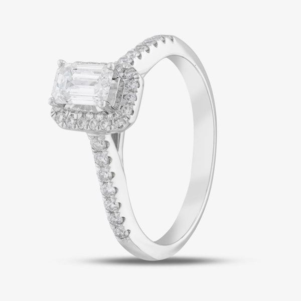 T. H. Baker 9ct White Gold Certified Lab Grown 0.75ct Emerald & Brilliant Cut Diamond Shoulder Set Halo Ring LGR15213-100E (WG)