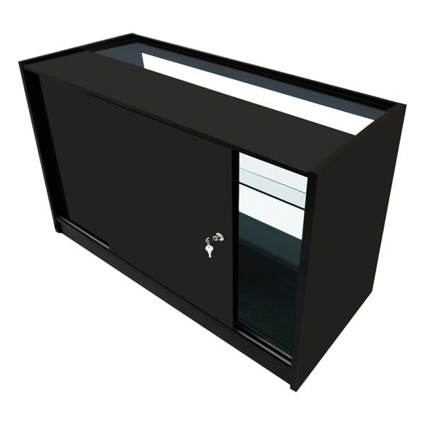 Black Aries LED shop counter set featuring sleek design, sliding door, glass shelves, and modern finish, ideal for retail displays