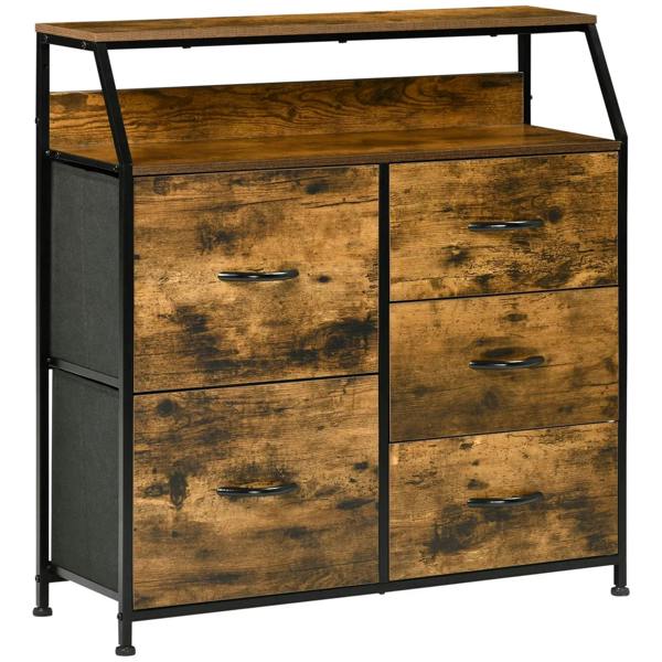 Industrial chest of drawers with open shelf, rustic brown wood and black metal frame, 5 drawers