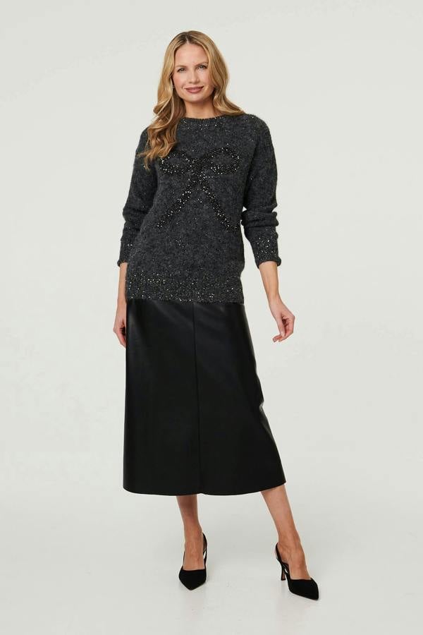 Grey | Sparkle Texture Bow Print Jumper