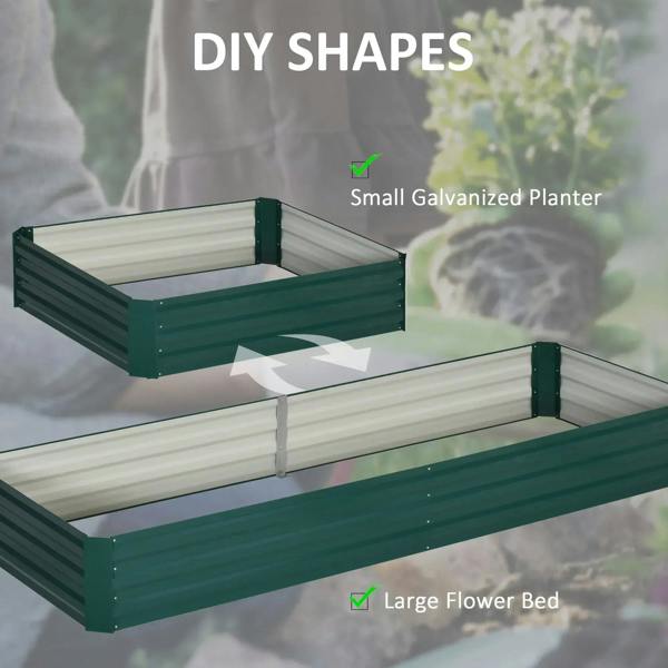 Green metal raised garden bed planter box shown from side with tiered walls