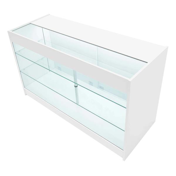 Hera LED Shop Counter Set in white features a sleek design with glass shelves, ideal for showcasing products in retail spaces