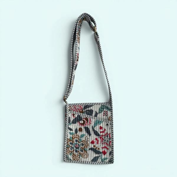 Hayley & Co Mini Cross Body Bag - Grey with Turquoise and Red Block Print Floral