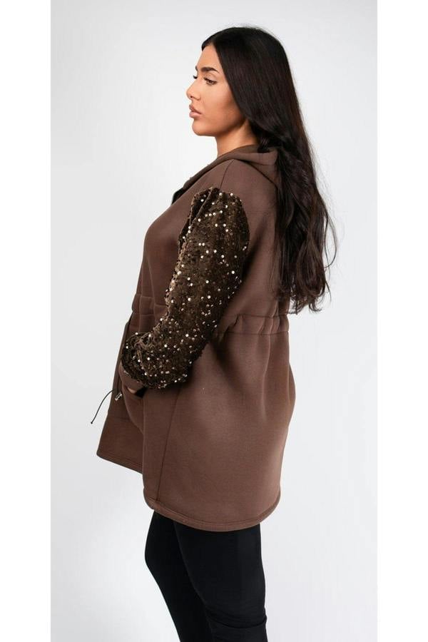 Evalora Zip Up Hoodie With Sequin Sleeve Detail - Brown