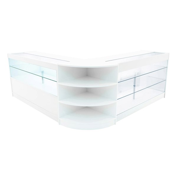 White LED shop counter set featuring a modern design with curved shelves and glass display panels, ideal for retail spaces