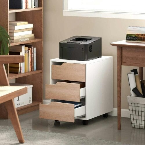 Bobobiy 3 Drawer Mobile File Cabinet, Vertical Filing Cabinet with Wheels for Home Office, Oak