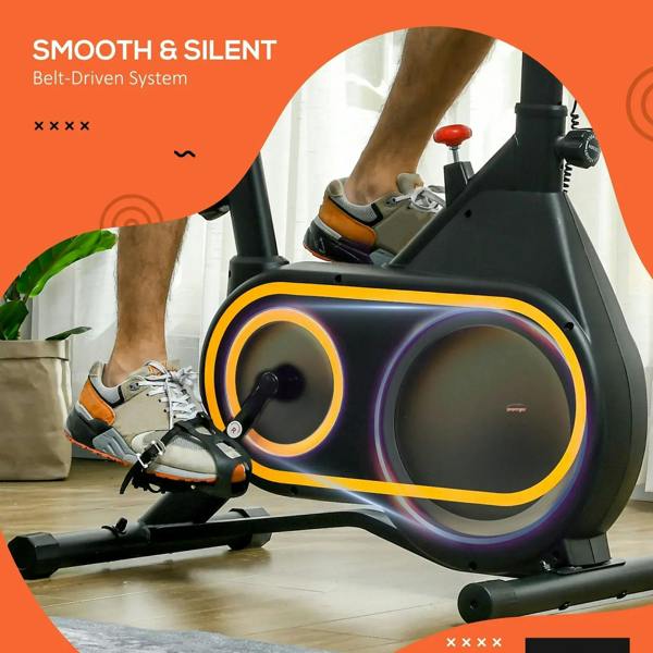 Black indoor cycling bike with silent flywheel and glowing ring around flywheel housing