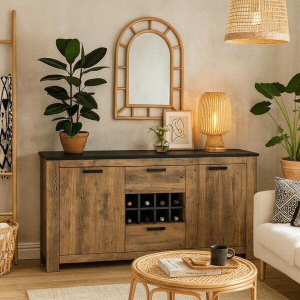 Wyld Haus Juniper 2 Door 2 Drawer Chestnut and Matera Grey Sideboard with Wine Rack