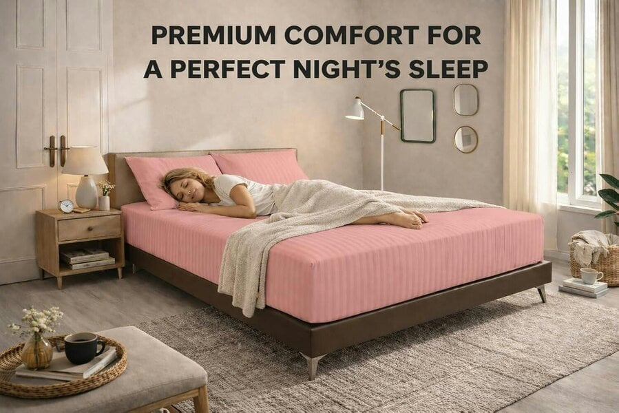 Night Zone Embossed Stripe Extra Deep Fitted Sheet 40cm – Brushed Microfibre Soft Bed Sheet - Blush Pink