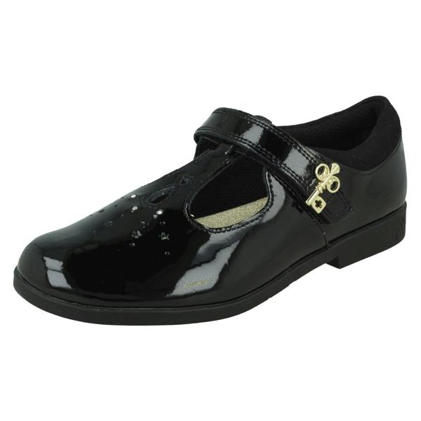 Clarks Girls Clarks Key Detail T-Bar School Shoes Lock Shine