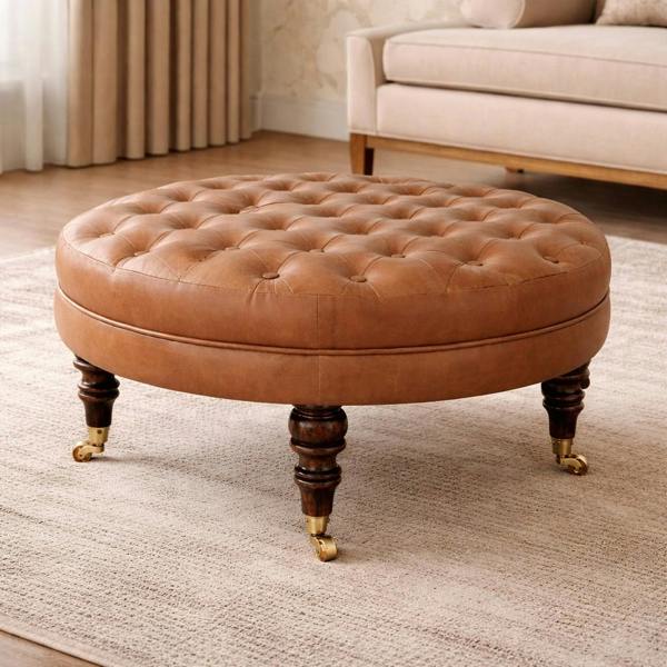 Artisan Furniture Solid Wood Brown Buffalo Leather Round Ottoman with Castor Legs