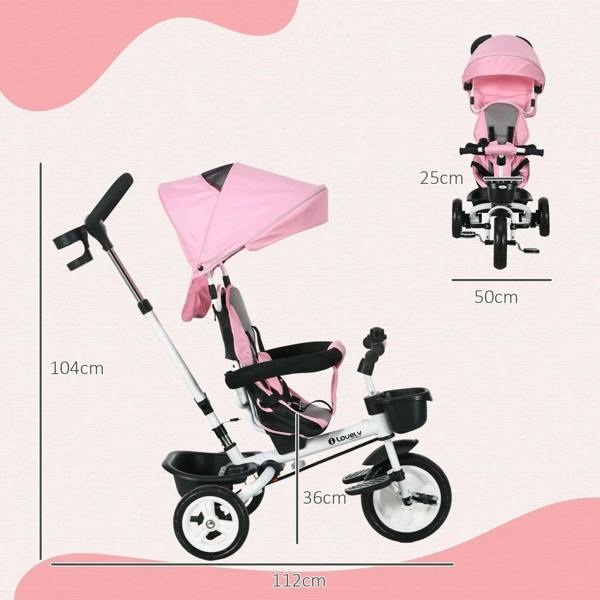 Pink baby tricycle stroller with canopy, tray, and parent handle, side view