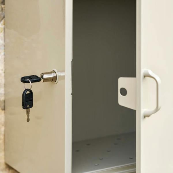 Close-up of the barrel lock and keys on the clay Hove parcel box.