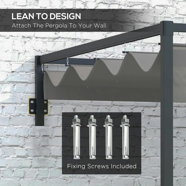 Dark grey wall-mounted lean-to steel pergola with retractable fabric canopy and fixing screws.