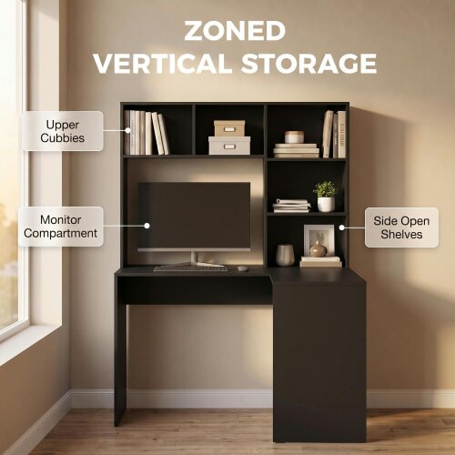 HOMCOM L Shaped Desk with 5 Storage Shelves Corner Computer Desk, Black