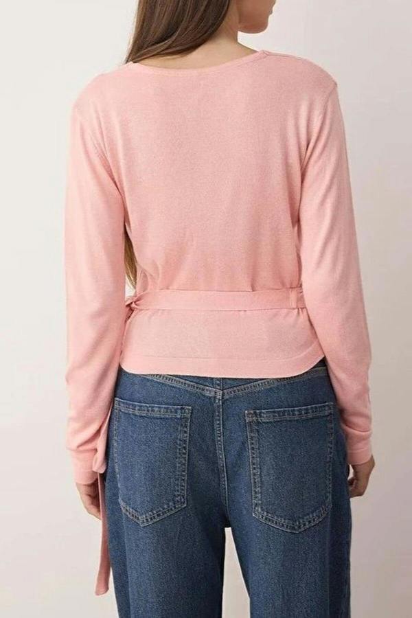 WOVCOR Wrap Neck Crop Top Thin Knit Sweater with Tie Detail