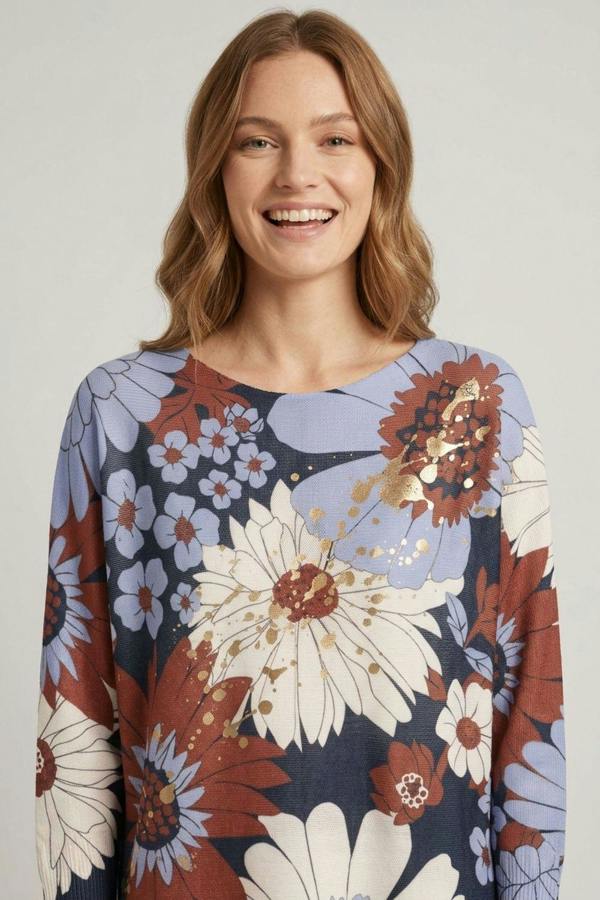 Navy | Floral Metallic Print Boat Neck Jumper