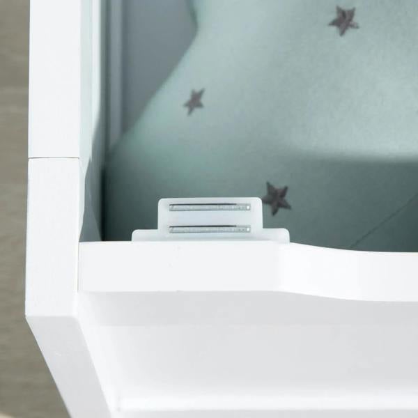 Kids storage bench toy box corner detail with white frame and grey star interior