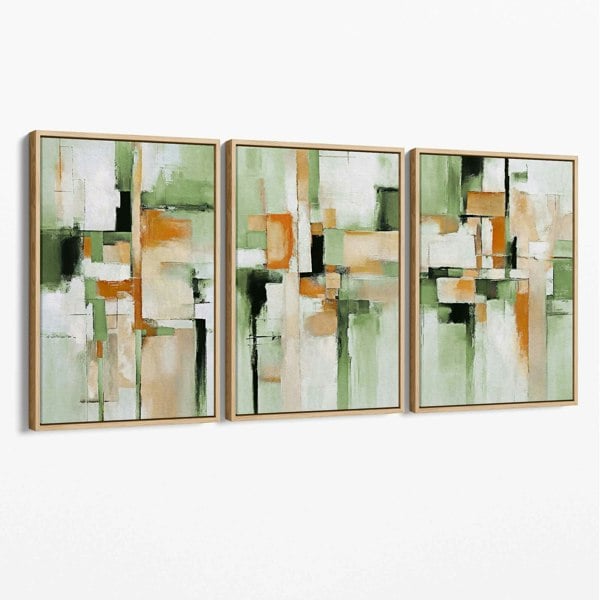 Artze Wall Art Abstract Sage Green and Orange Set of 3 Canvas Wall Art