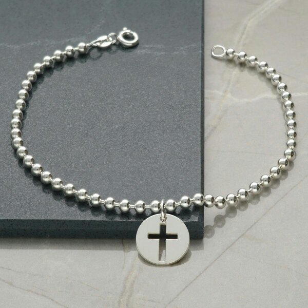 Christopher James of London Sterling Silver Bead Ball Anklet With Your Choice of Charm - 4. Round Cross Charm