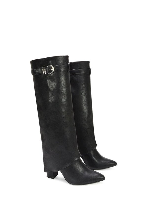 XY LONDON Fold Over Boots Block Heel Buckle Point Toe