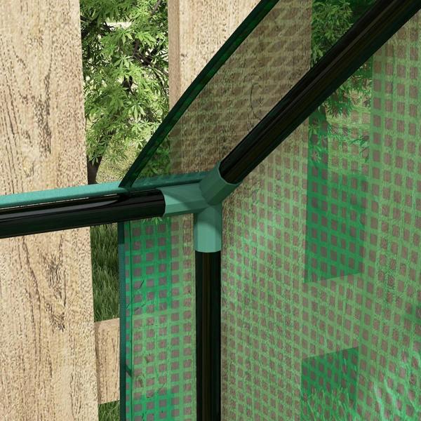 Green greenhouse cover corner with slanted frame bar and mesh window panel