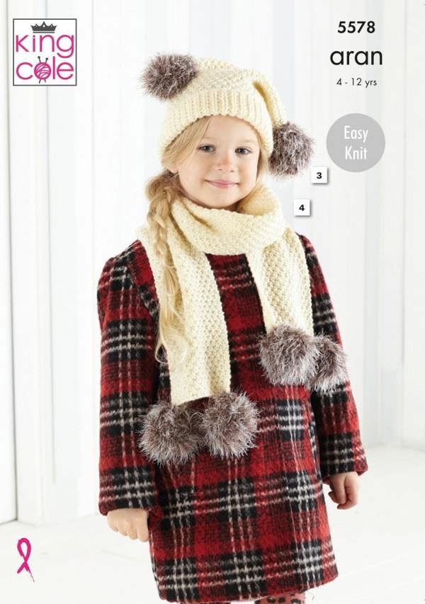 King Cole Fashion Aran Knitting Pattern 5578, Headwear, Scarves for Kids, 4 - 12 Years - Easy