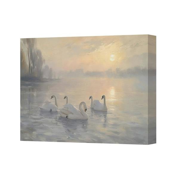 Benjamin Tate Design Swans on Sunrise Canvas Art Print in Deep Wood Frame