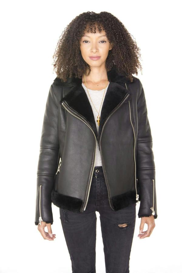Infinity Leather Womens Black Shearling Sheepskin Aviator Jacket-Patchway