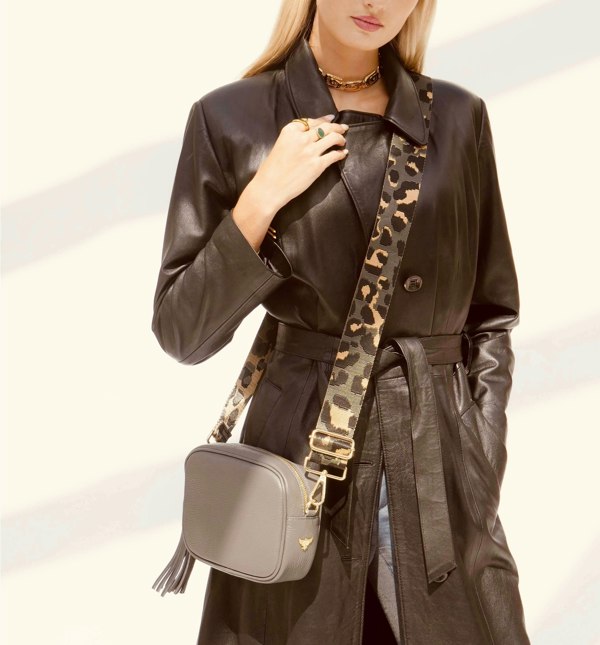 Apatchy London The Tassel Dark Grey Leather Crossbody Bag With Grey Leopard Strap