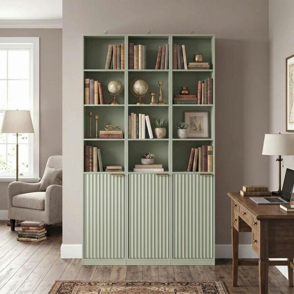 Bookcase Adjustable Shelf Bookshelf Anti-Tip Hardware 6-Tier Storage Cabinet Light Green