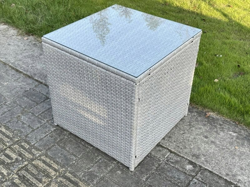 Fimous Light Grey Rattan Cube Side Table Tea Coffee Table Outdoor Garden Furniture Accessory With Clear Tempered Glass