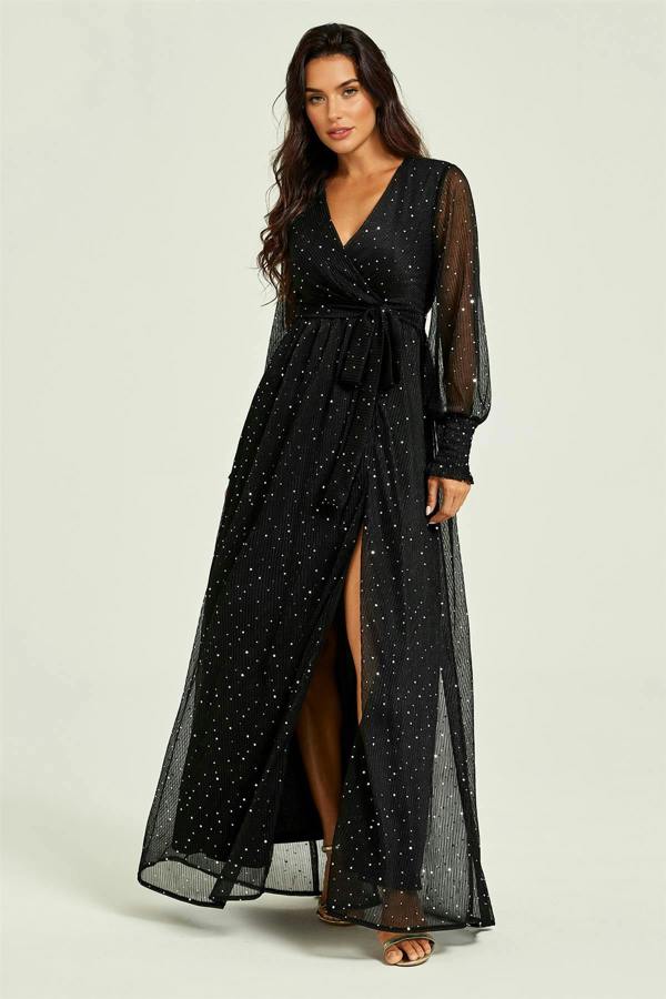 FS Collection Sparkle Gown Long Sleeve Bridesmaid Maxi Dress In Black