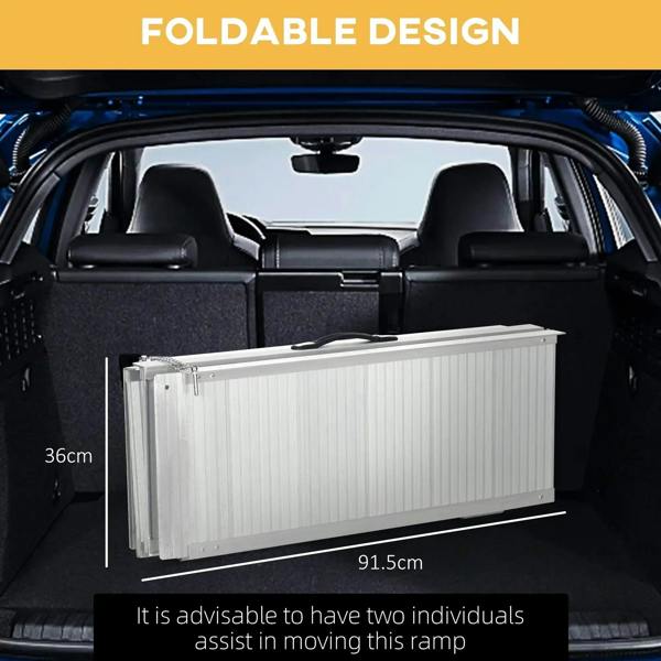 Aluminum folding wheelchair ramp stored in vehicle trunk, silver folded panels