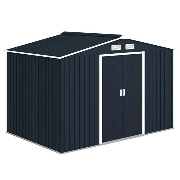 Dark grey metal bicycle shed with double doors and two roof vent panels