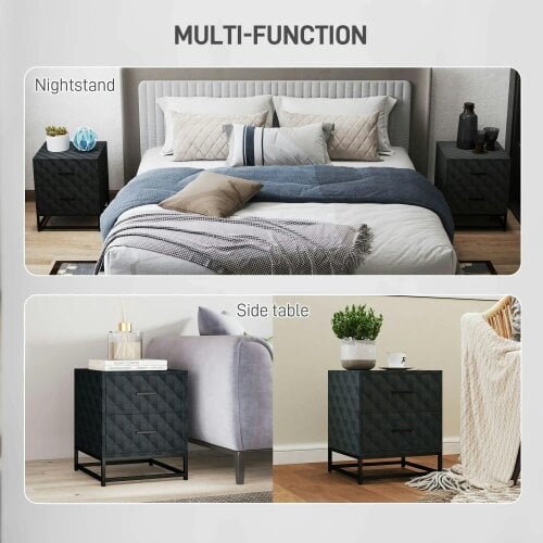 Bobobiy Bedside Tables Set of 2, Modern Bedside Table Nightstand with 2 Drawers, Bedside Cabinet Sofa Side Table with Storage, Steel Legs, Black