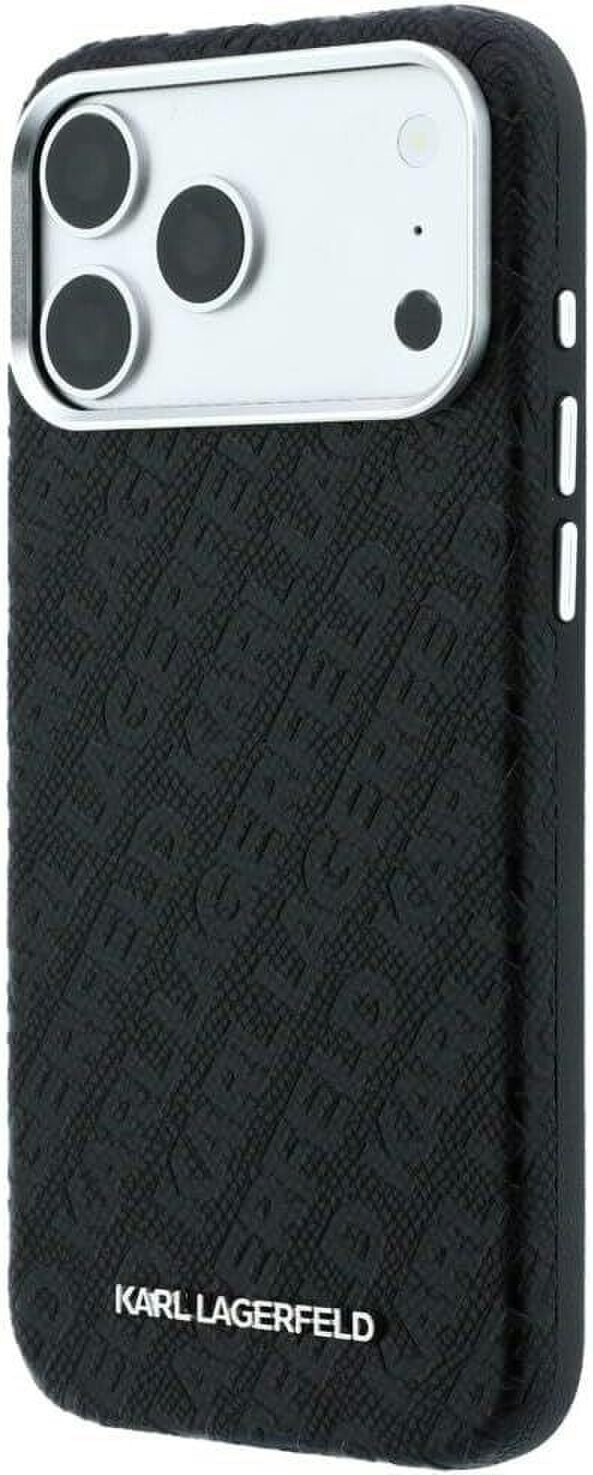 Karl Lagerfeld Grained Allover Logo Metal Elongated Case with MagSafe for iPhone 17/18 Pro 6.3" Black - KLHMP18LPSKLFOFK