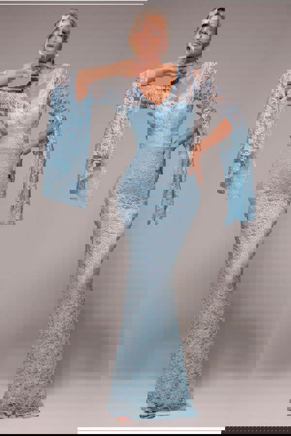 Cape Sleeve Lace Mermaid Hem Maxi Dress - Sky Blue DR4621