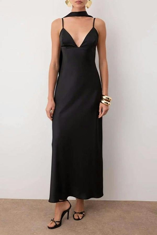 Hoxton Gal Maxi Satin Evening Dress with Shawl Detail