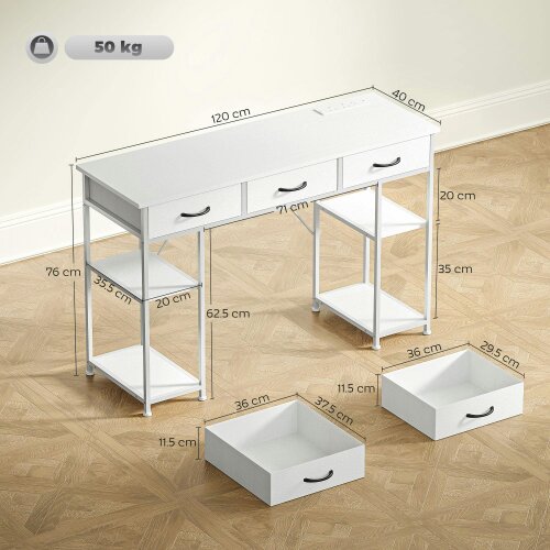 Wyld Haus Riba 120cm Wooden White Home Office Desk With Power Sockets 3 Fabric Drawers And Storage Shelves 120 cm