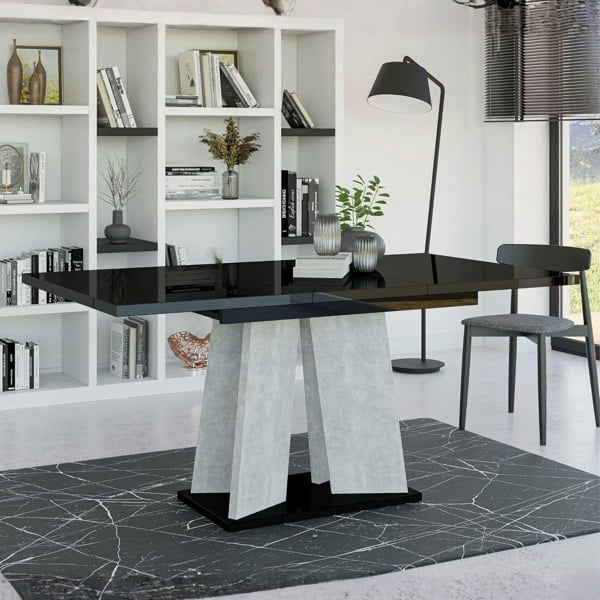 PHD Furniture Modern Extendable Dining Table 120-160x90 MUFO Black Gloss Concrete Effect