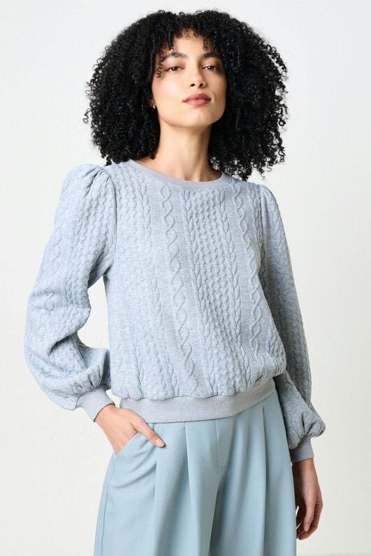Ellie Cable Quilt Puff Sleeve Sweatshirt - Marl Grey