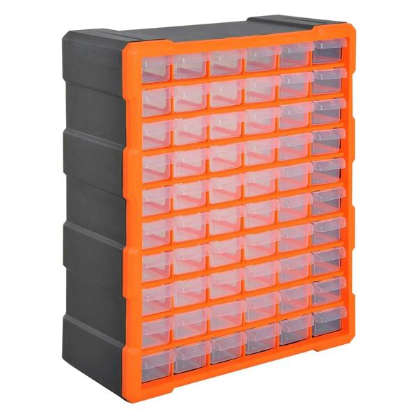 Orange wall-mount parts organizer cabinet with clear plastic bin drawers
