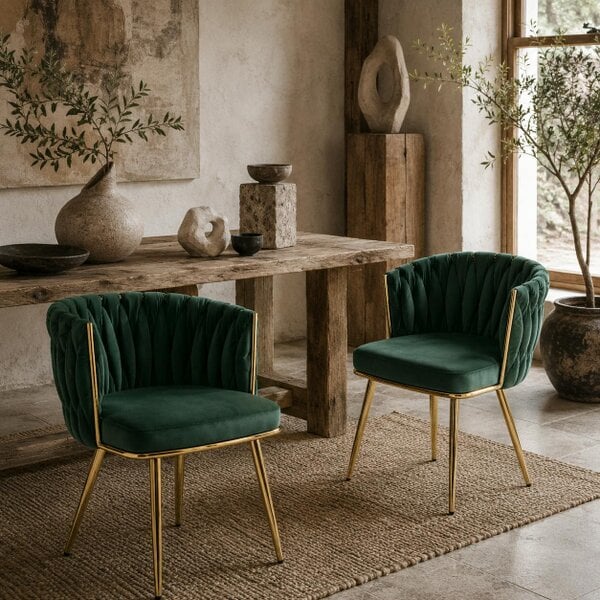 Wyld Haus Sosura Set Of 2 Dark Green Velvet Upholstered Dining Chairs With Woven Backrest