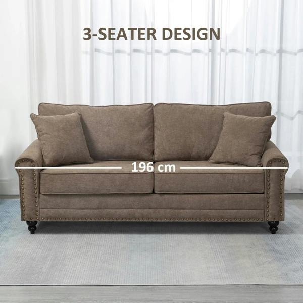 Brown fabric 3-seat sofa front view with two throw pillows, nailhead trim, 196 cm width
