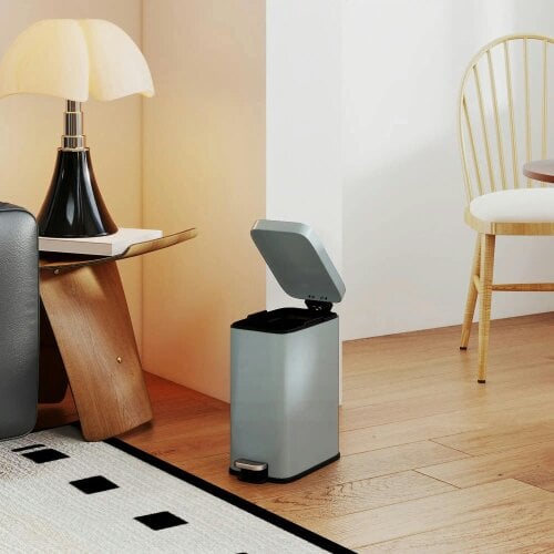 Bobobiy 5L Rectangular Compact Bin Steel Body Removable Bucket Quiet-Close Lid with Pedal Lid Rubbish Trash Can Office Bedroom Bathroom Living Grey