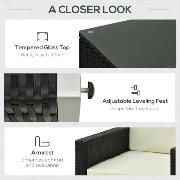 Black rattan sofa with cream cushion, armrest and adjustable leveling feet detail