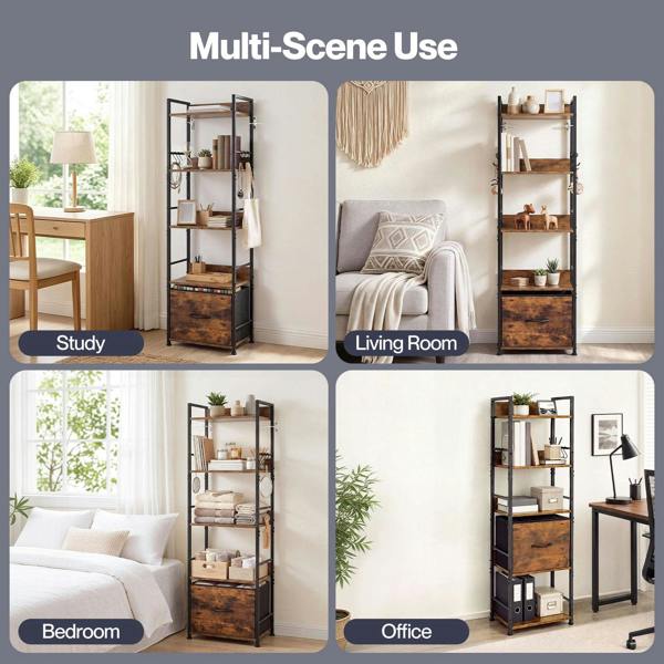 Levede Bookcase Drawer 5 Tier Slim Book Shelf Storage Unit Living Room Brown