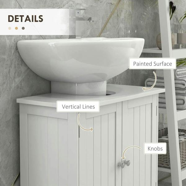 White under-sink cabinet with vertical panel doors, metal knobs, and painted surface